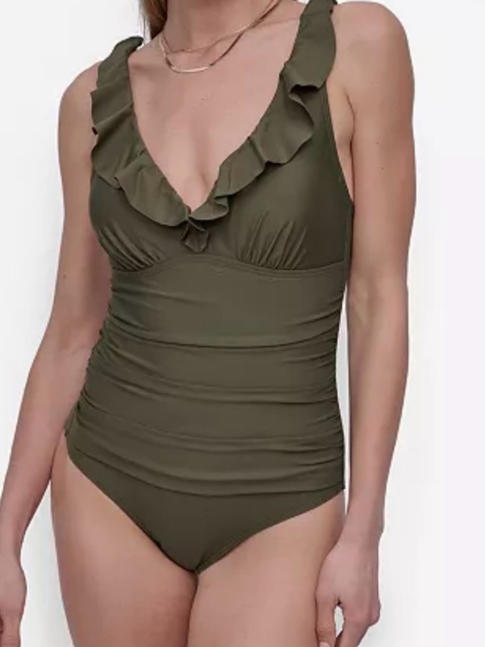 DKNY Ruffled Underwire V-Neck One-Piece Tummy Control Swimsuit -Olive Sz 12